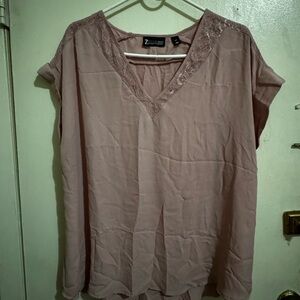 New York & Company Pink V-Neck Short Sleeve Blouse